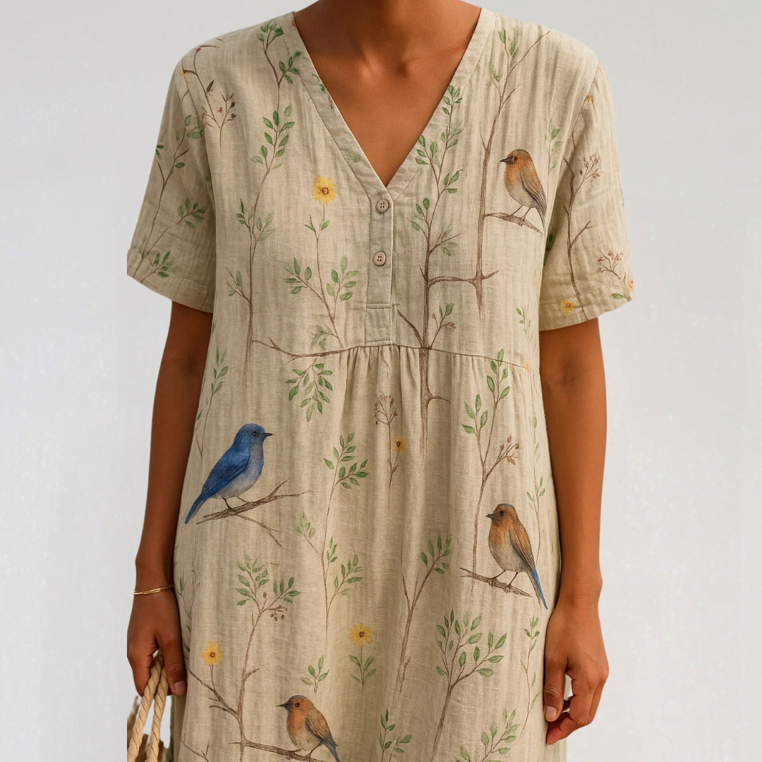 Velniq | Cotton-Linen Midi Dress | Relaxed Fit with Nature Print | Women