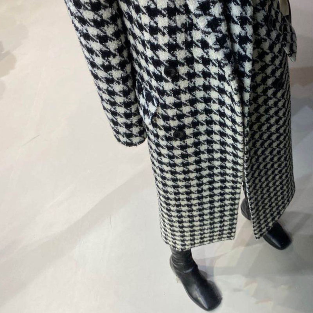 Elegant Houndstooth Long Coat for Women | Elegant Double-Breasted Winter Overcoat
