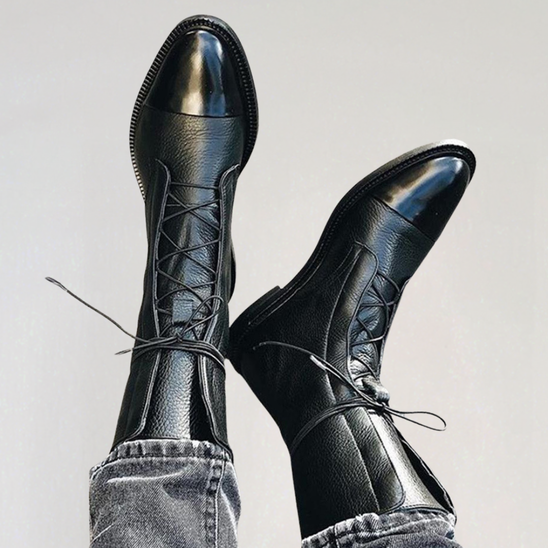 Women’s Black Lace-Up Leather Combat Boots | Classic Polished Toe Winter Ankle Boots