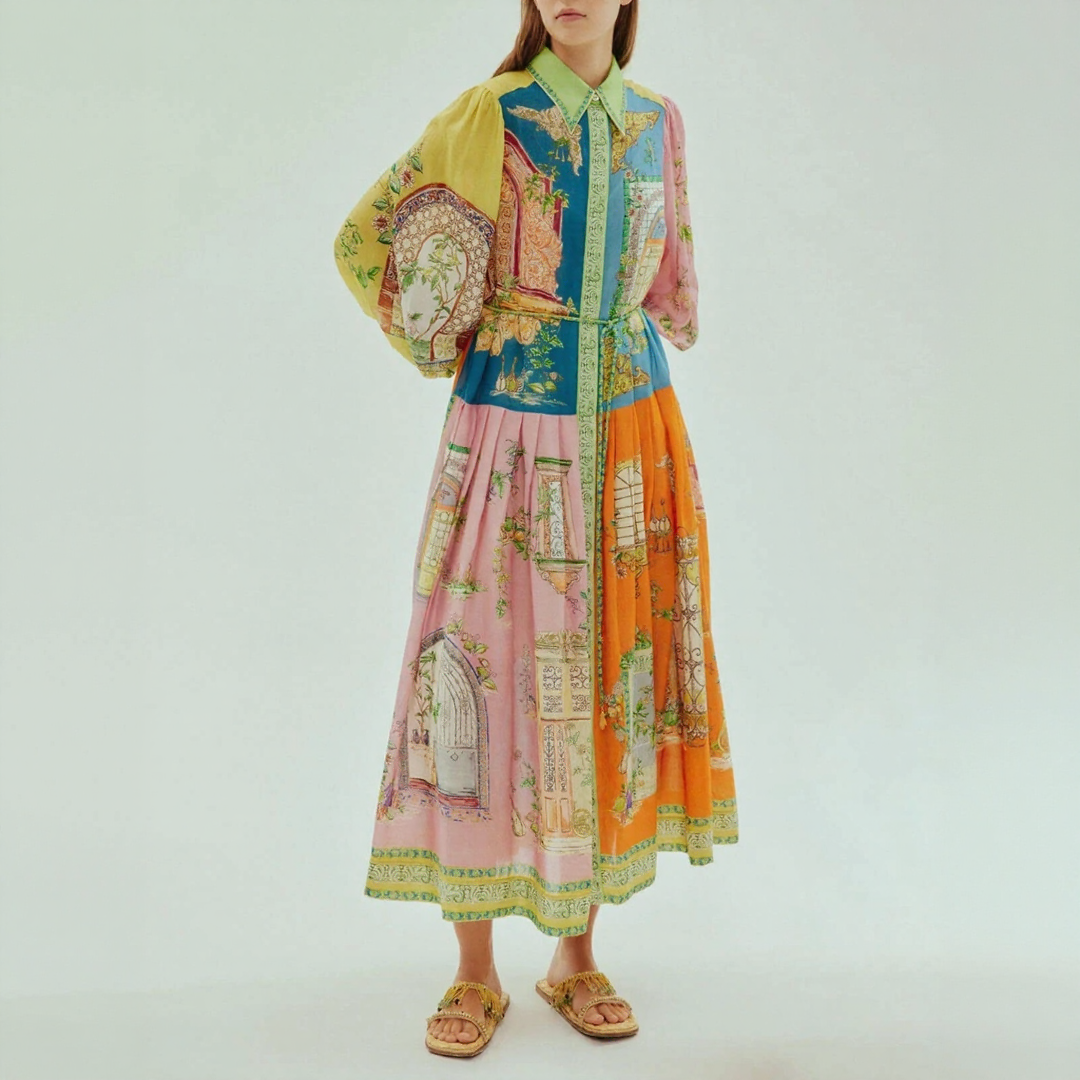 Charming Garden Print Button-Down Midi Dress