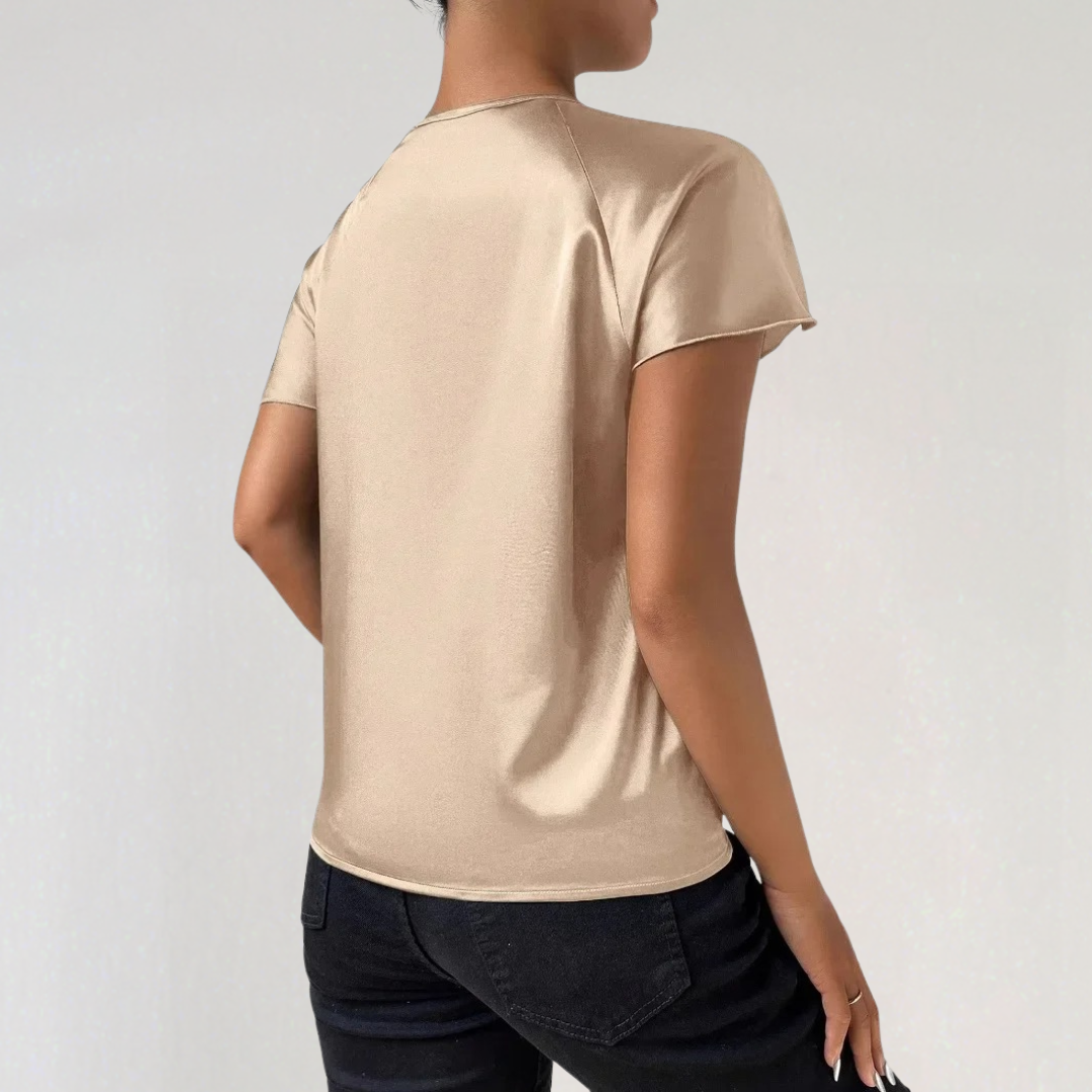 Asymmetrical Satin Top with Draped Shoulder