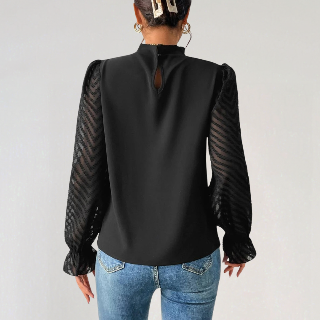 Chiffon Pleated Mock‑Neck Shirt with Chevron Sleeve