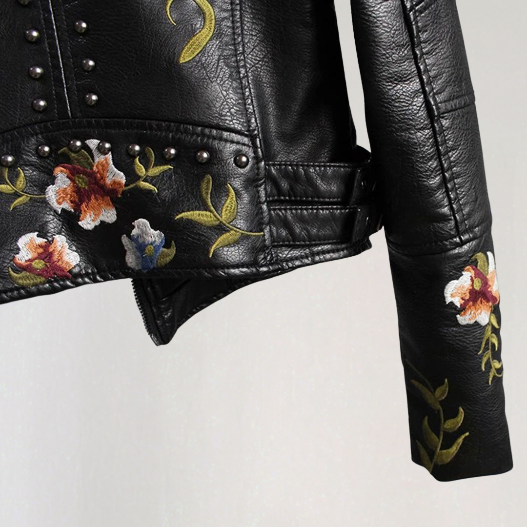 Women’s Floral Embroidered Faux Leather Biker Jacket
