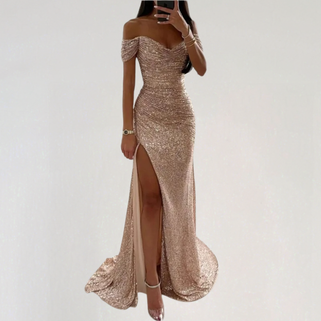 Off Shoulder Evening Sequin Maxi Dress