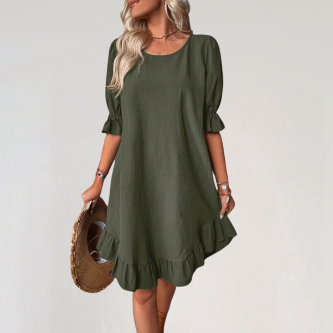 Ruffle Hem Puff Sleeve Midi Dress