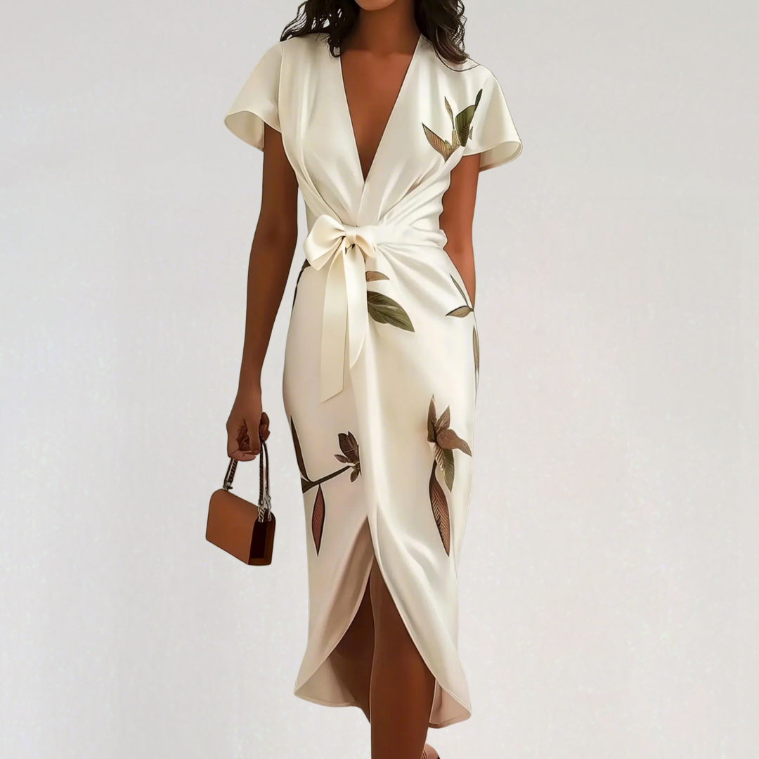 Elegant Satin Floral Wrap Midi Dress