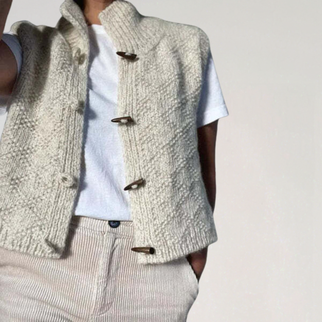 Chunky Knit Wool Vest with Wooden Buttons | Cozy Sleeveless Cardigan
