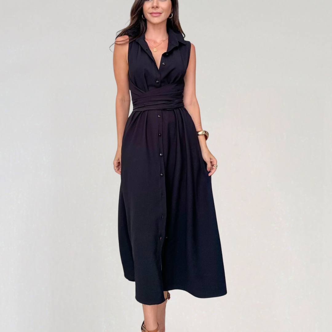 Sleeveless Button-Down Midi Dress with Waist Tie