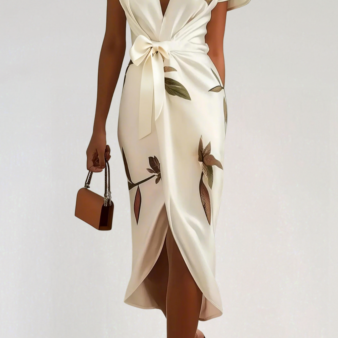 Elegant Satin Floral Wrap Midi Dress