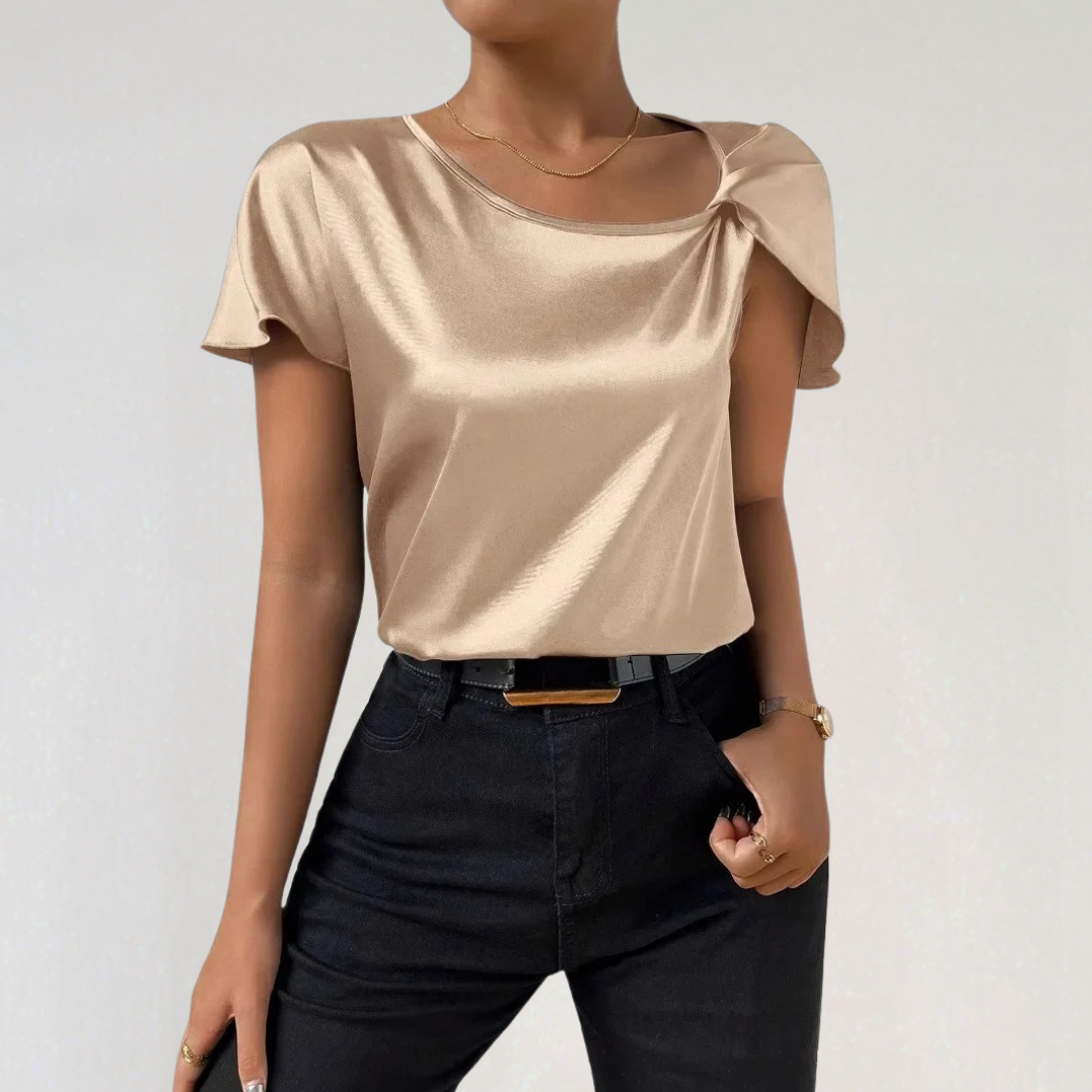 Asymmetrical Satin Top with Draped Shoulder