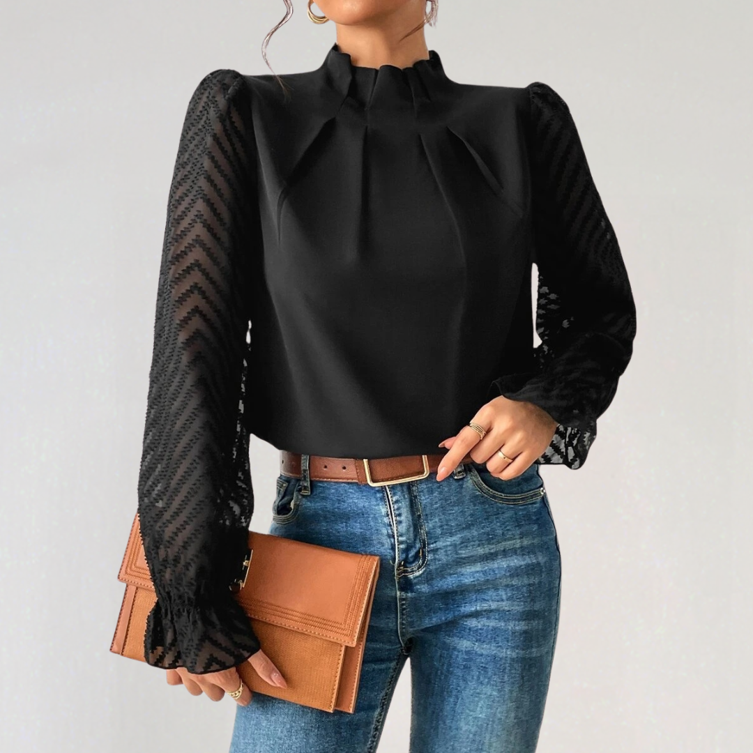 Chiffon Pleated Mock‑Neck Shirt with Chevron Sleeve