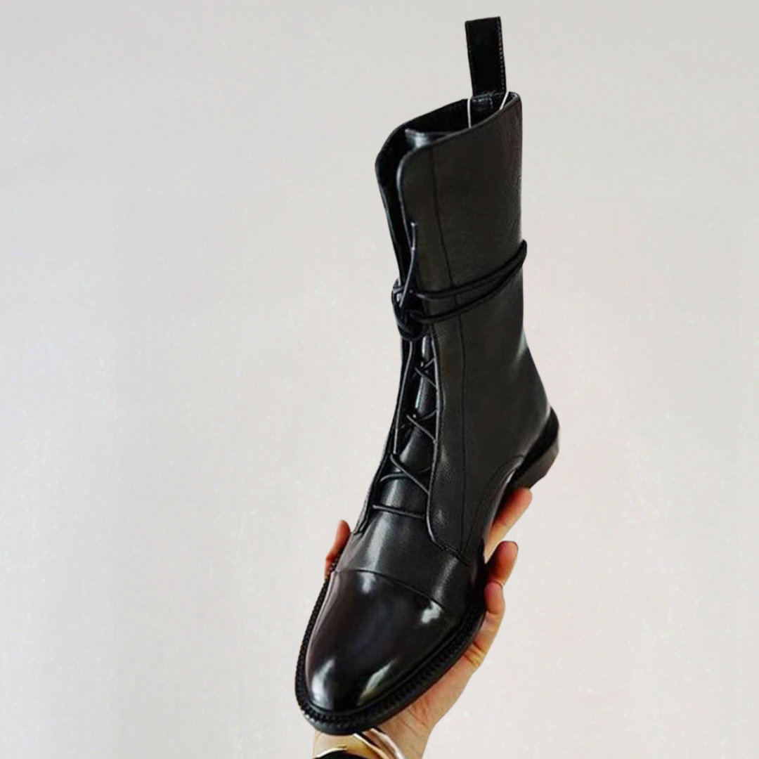 Women’s Black Lace-Up Leather Combat Boots | Classic Polished Toe Winter Ankle Boots