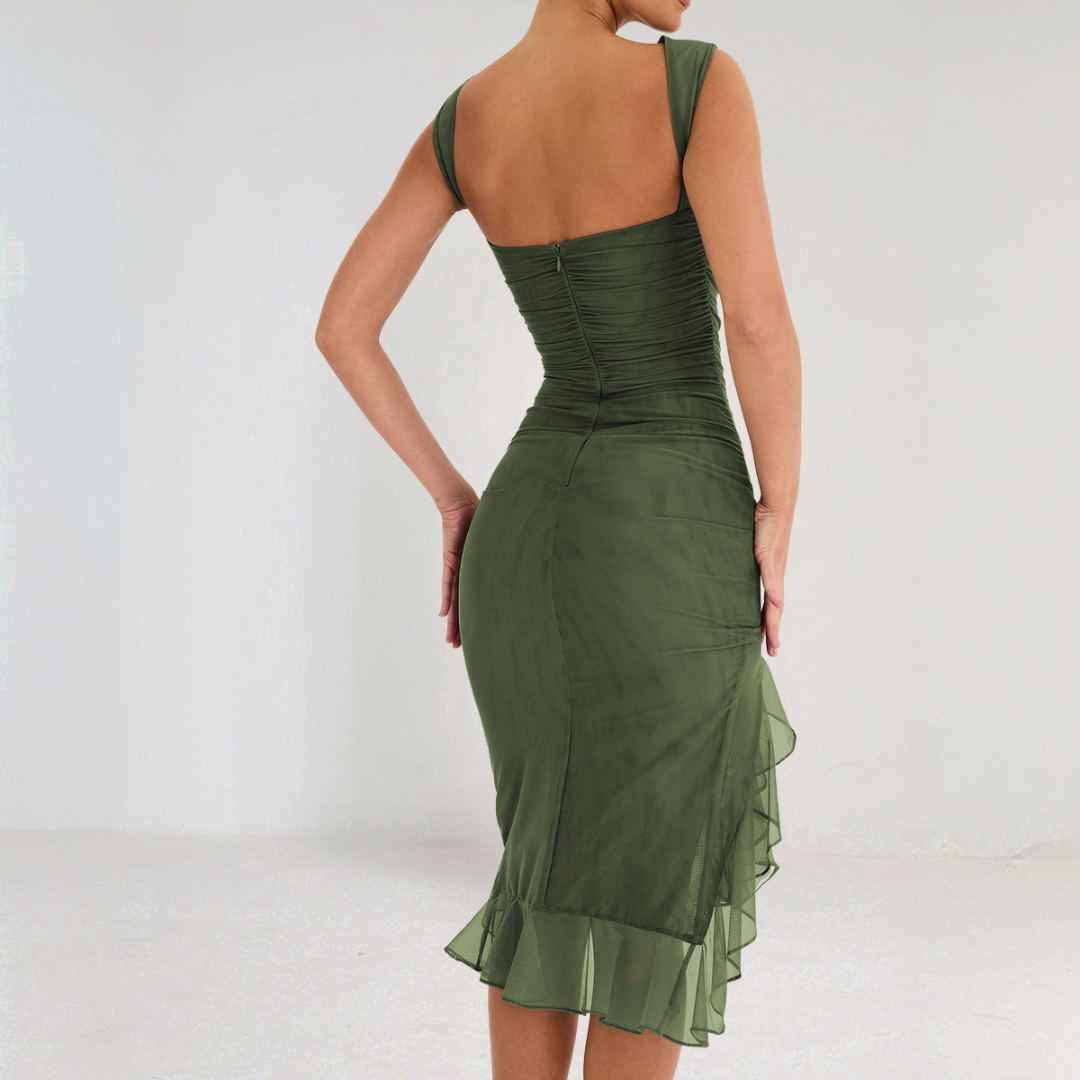 Elegant Ruched Ruffle Midi Dress