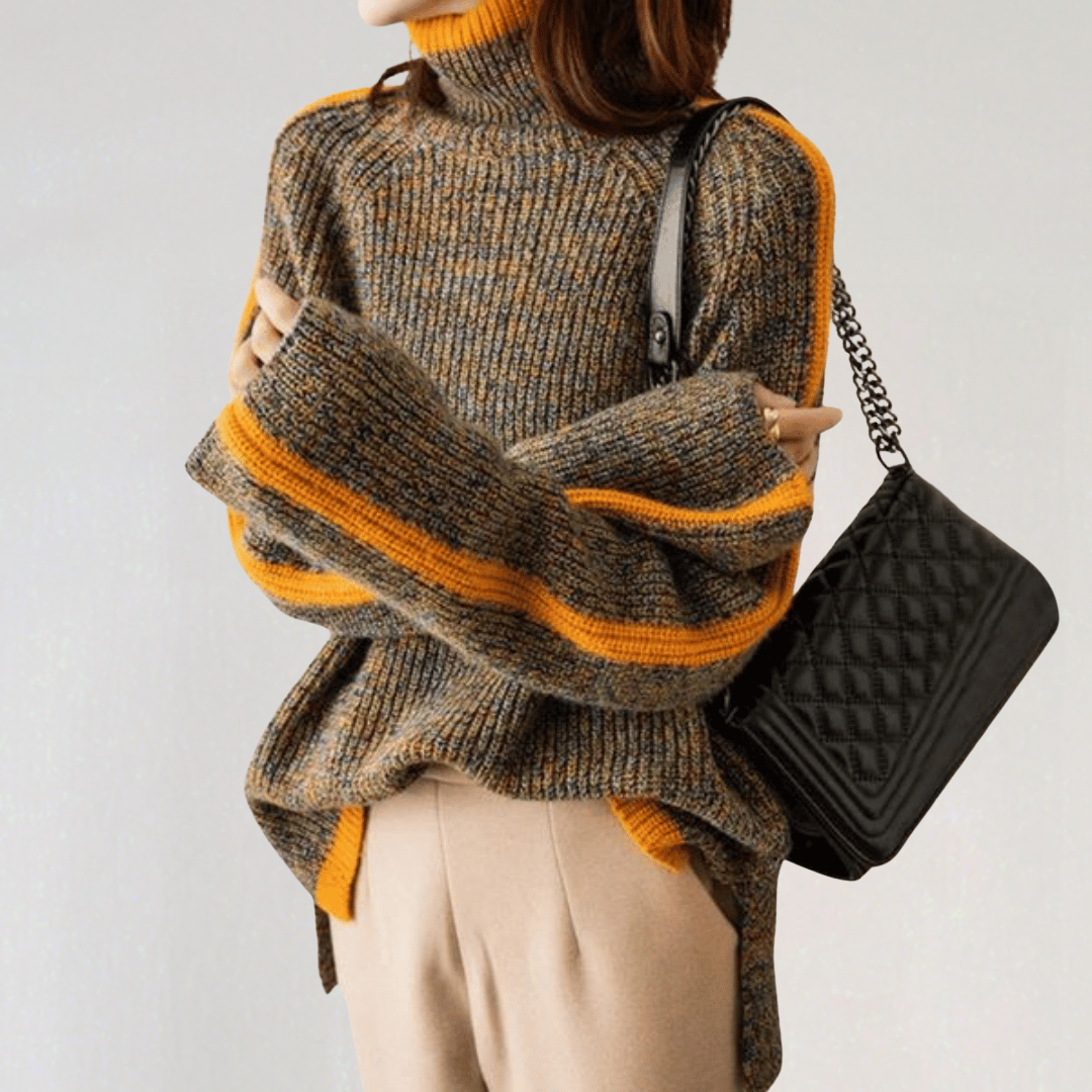 Oversized Knit Turtleneck Sweater for Women | Cozy Striped Pullover Jumper