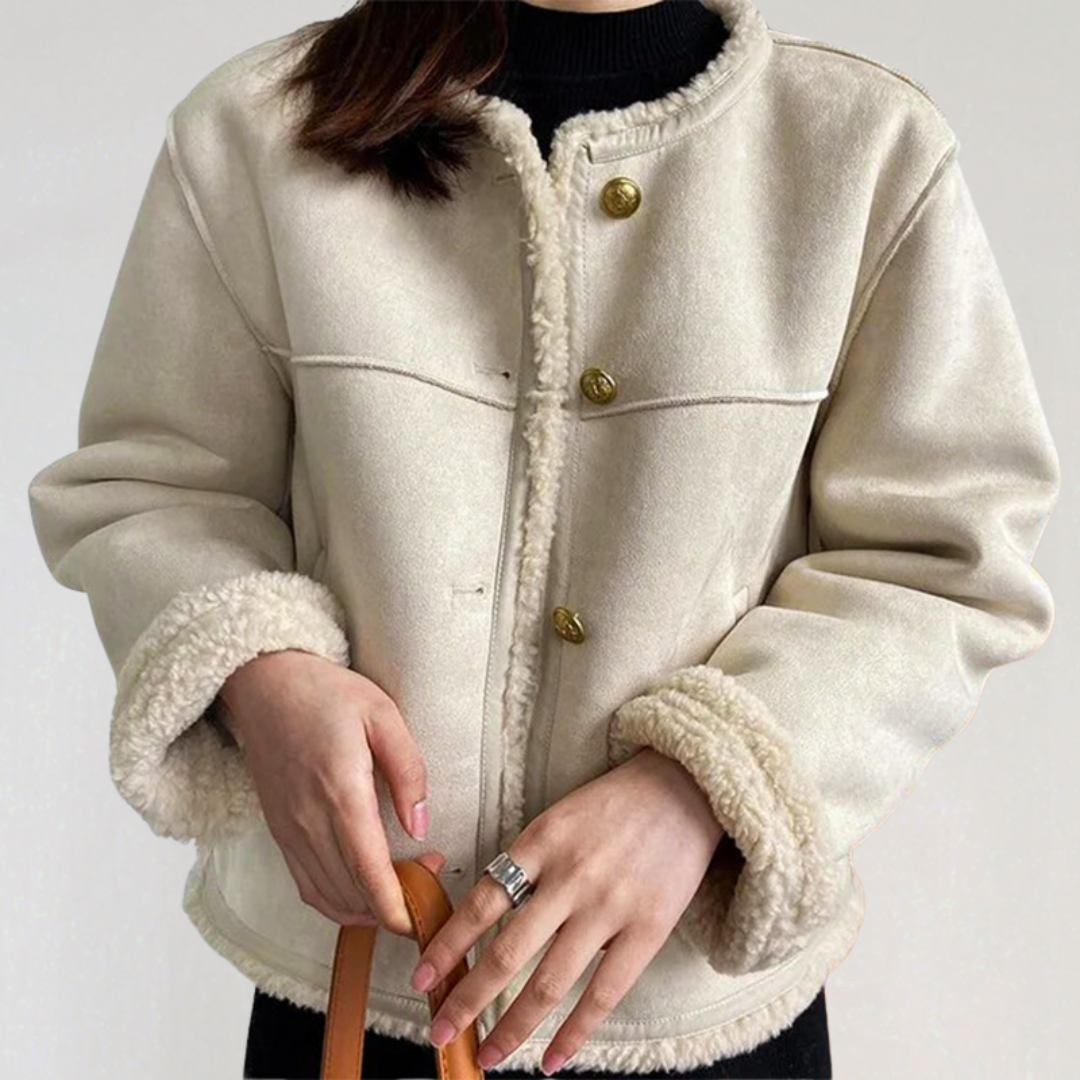 Women’s Faux Suede Shearling Jacket | Warm Winter Sherpa Coat with Button Closure