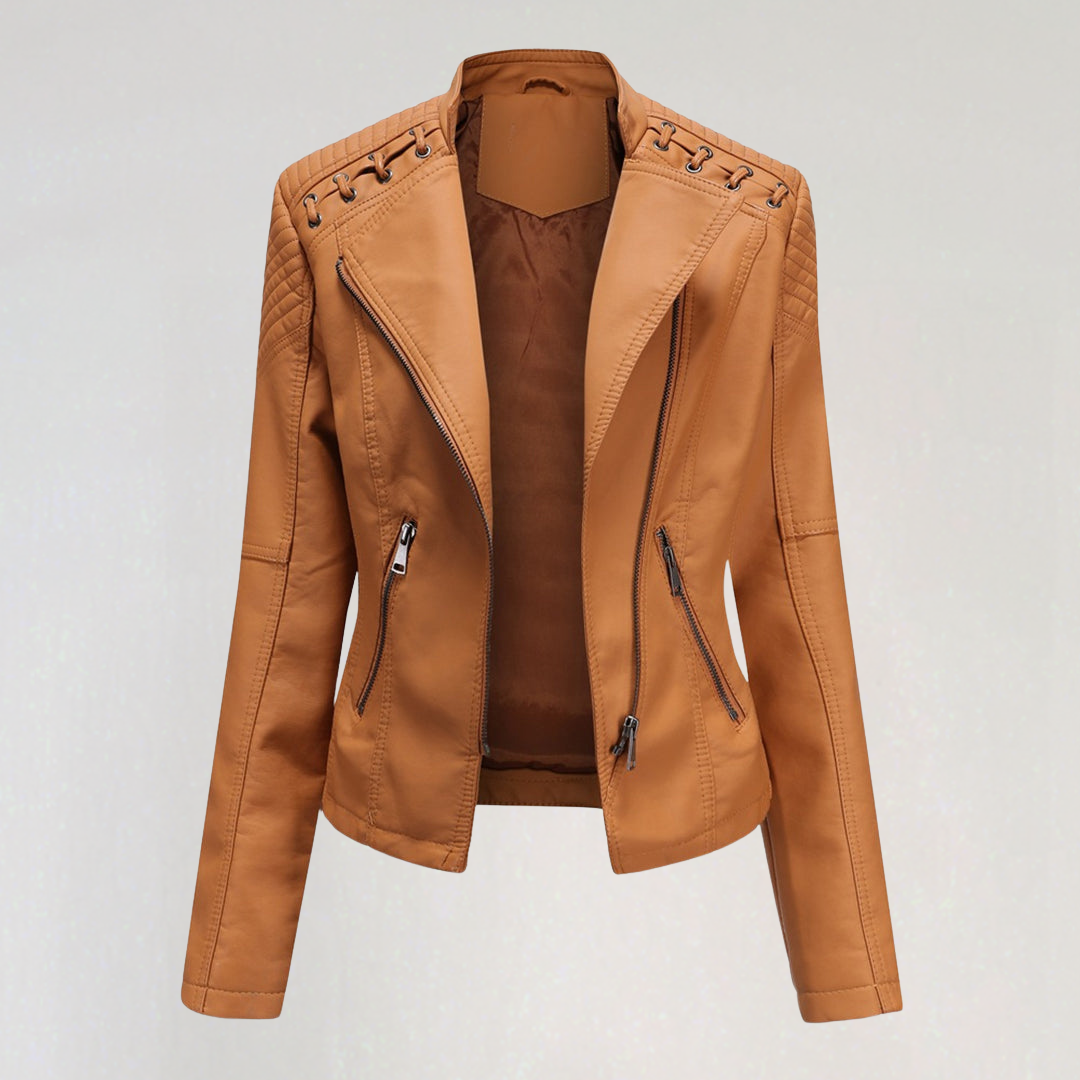 Stylish Faux Leather Biker Jacket with Zipper Pockets & Lacing Detail