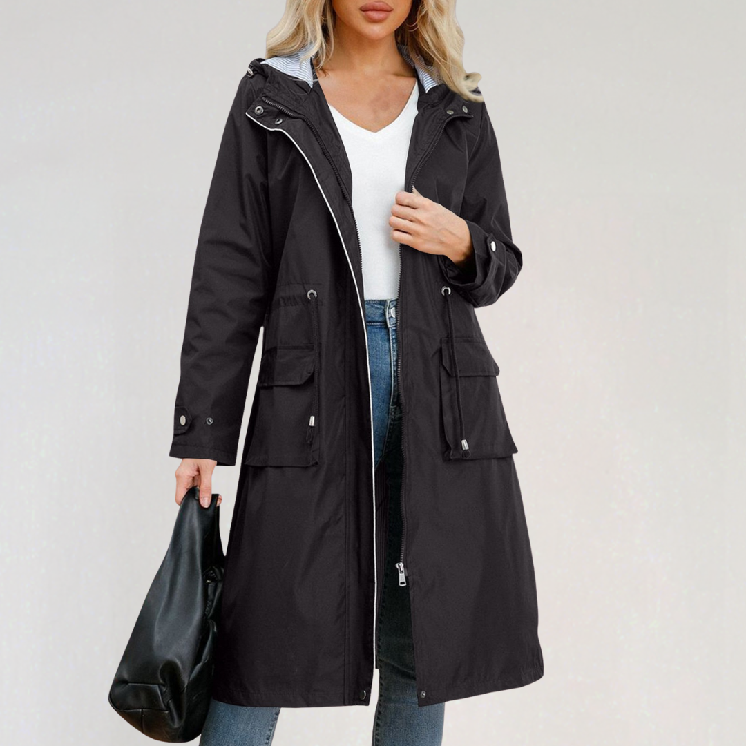 Women's Waterproof Long Raincoat with Hood | Lightweight Trench Jacket for Autumn & Winter