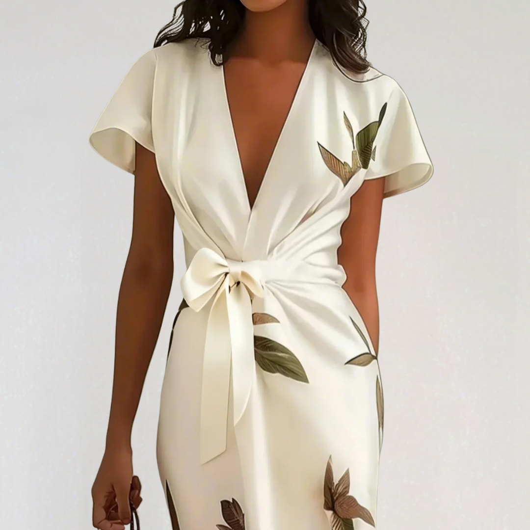 Elegant Satin Floral Wrap Midi Dress