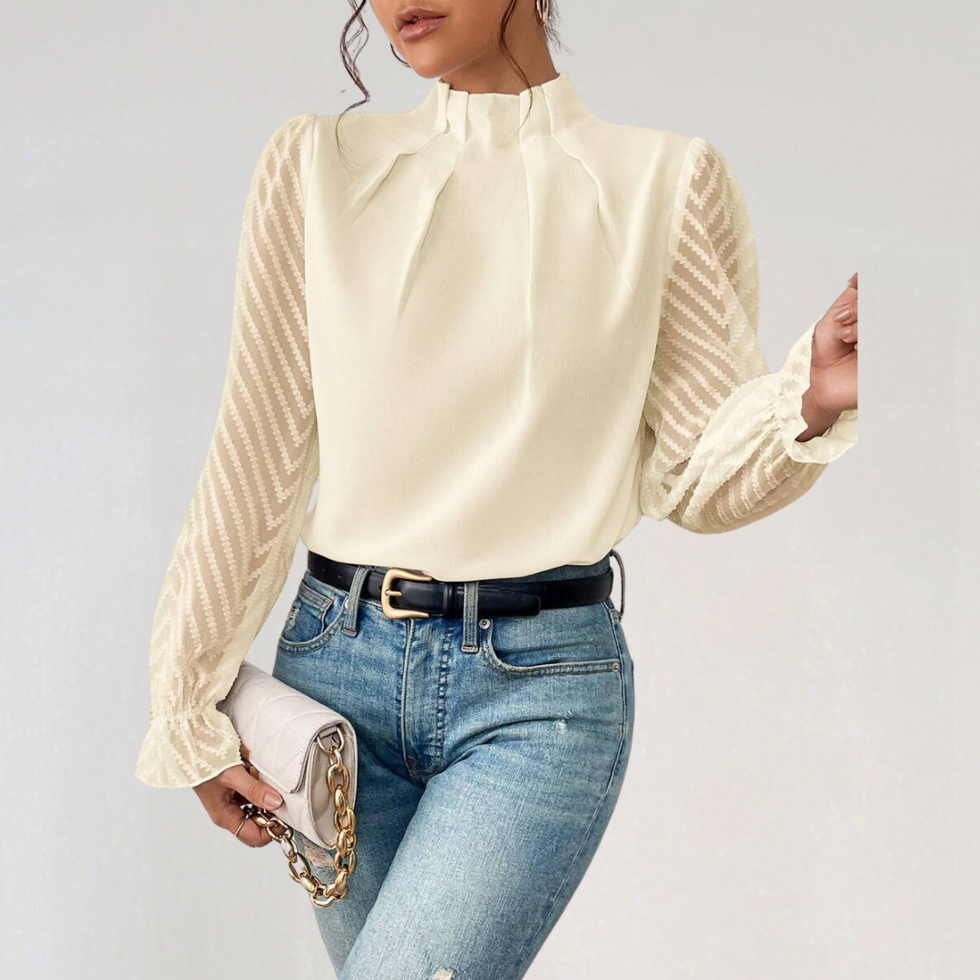 Chiffon Pleated Mock‑Neck Shirt with Chevron Sleeve
