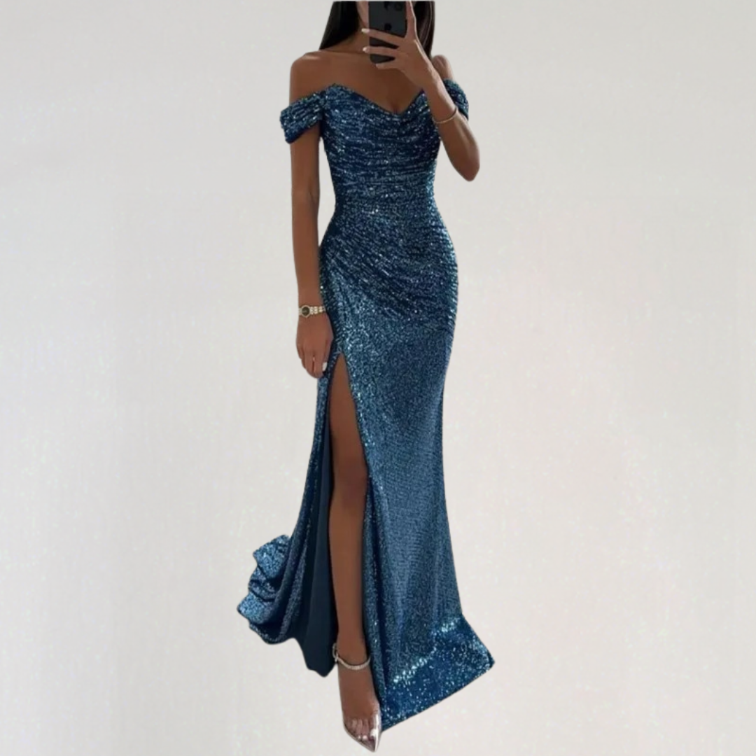 Off Shoulder Evening Sequin Maxi Dress
