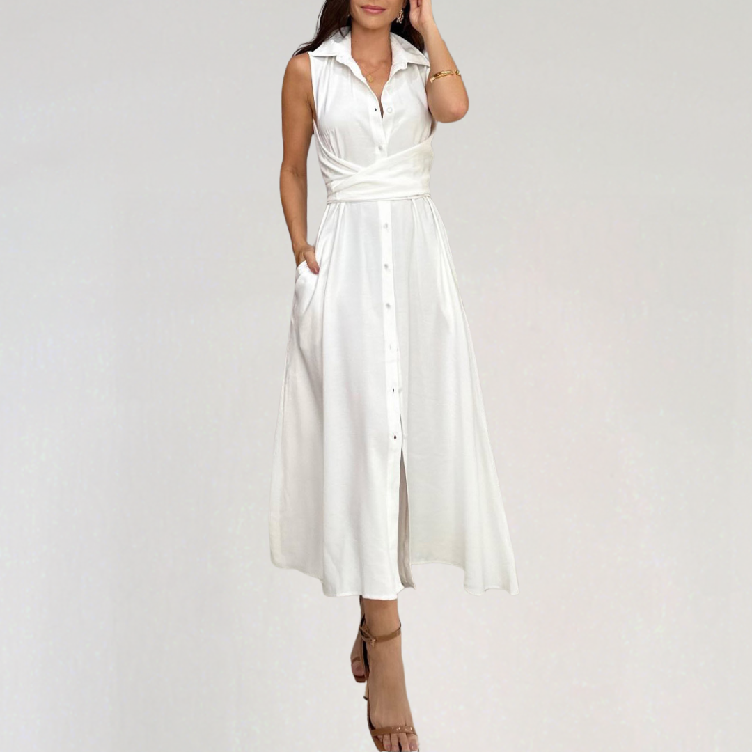 Sleeveless Button-Down Midi Dress with Waist Tie