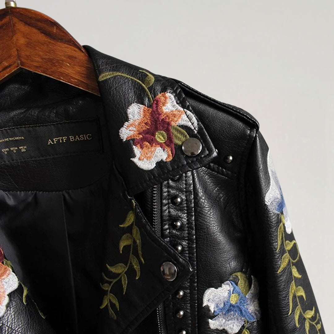 Women’s Floral Embroidered Faux Leather Biker Jacket