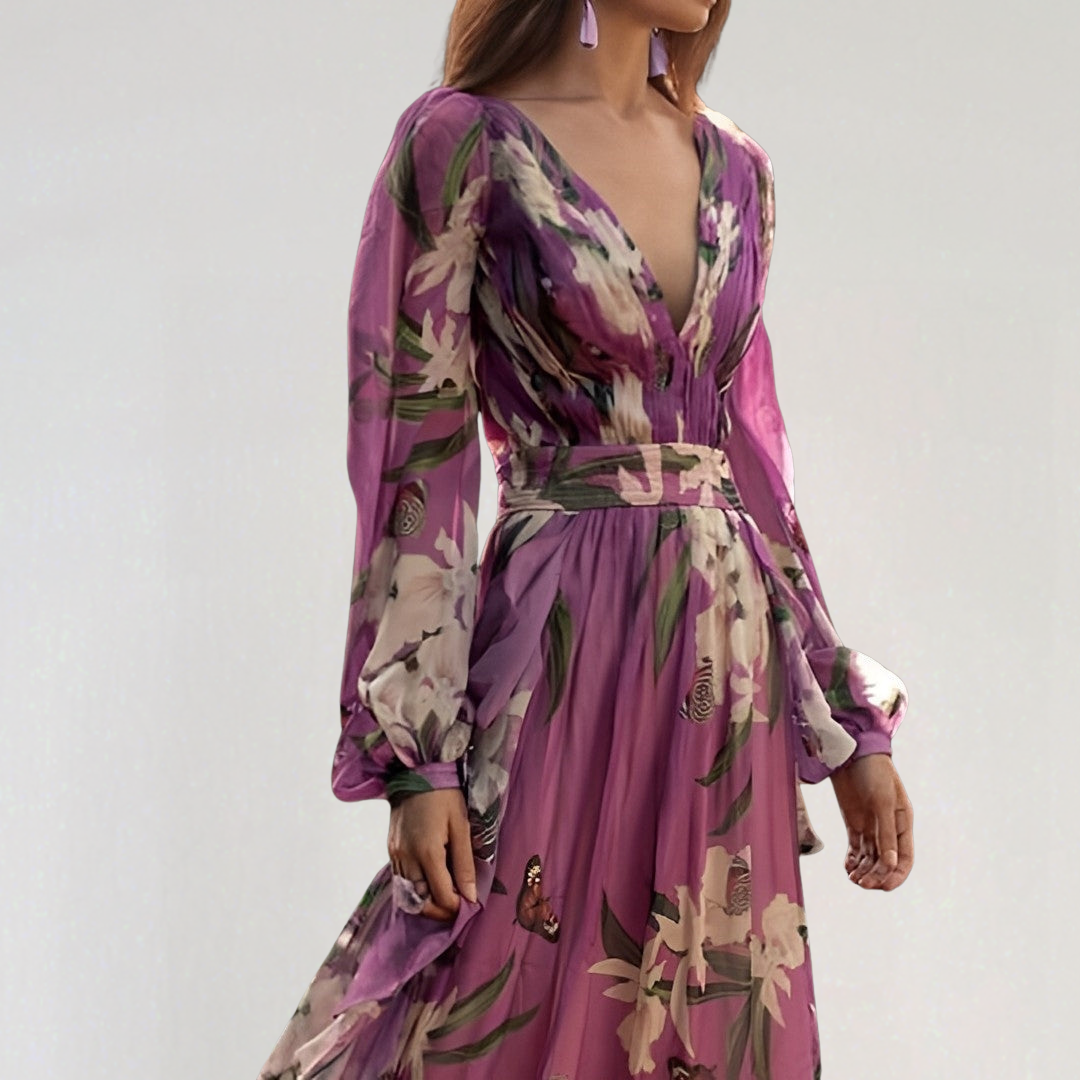 Elegant V-Neck Lightweight Chiffon Floral Maxi Dress