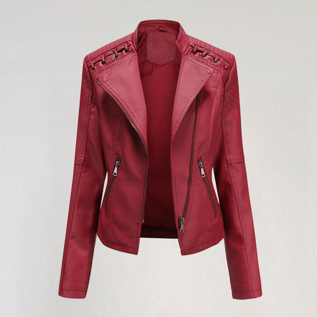 Stylish Faux Leather Biker Jacket with Zipper Pockets & Lacing Detail
