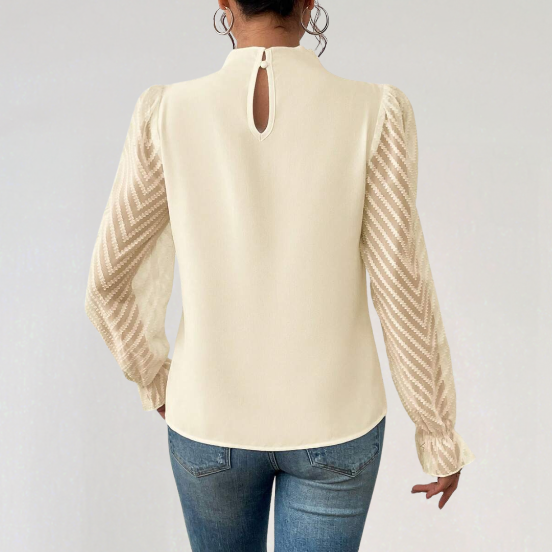 Chiffon Pleated Mock‑Neck Shirt with Chevron Sleeve