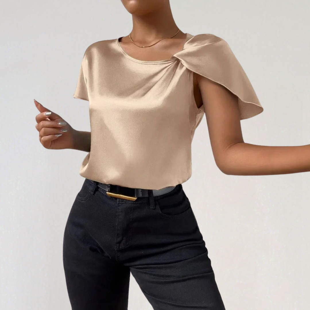 Asymmetrical Satin Top with Draped Shoulder