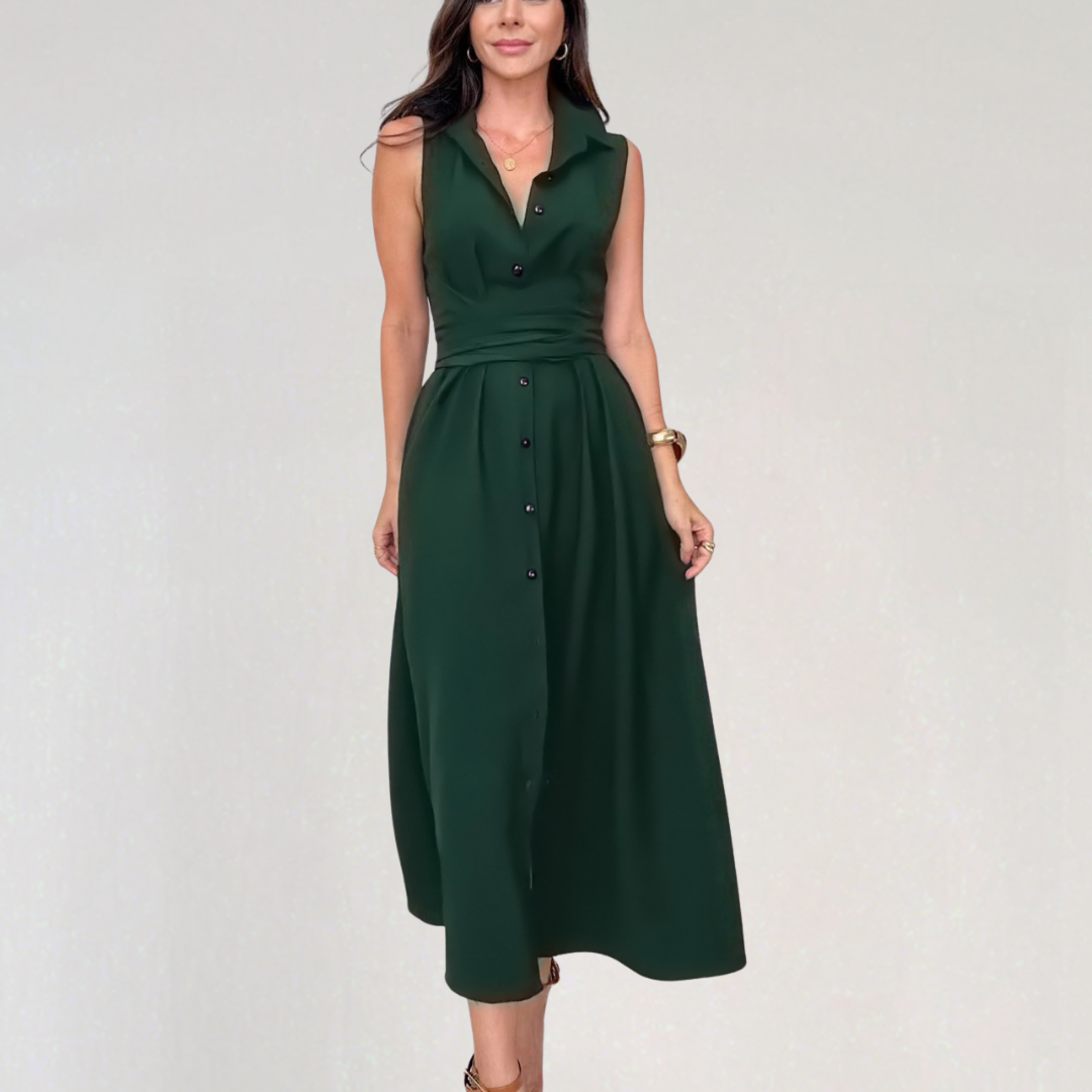 Sleeveless Button-Down Midi Dress with Waist Tie