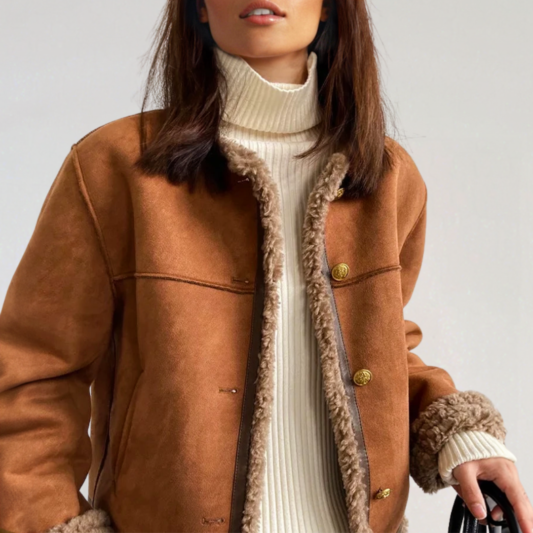 Women’s Faux Suede Shearling Jacket | Warm Winter Sherpa Coat with Button Closure