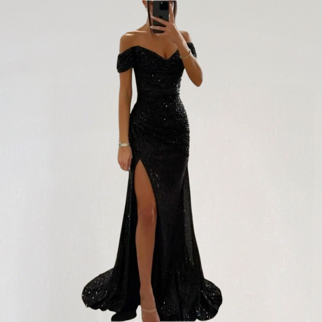 Off Shoulder Evening Sequin Maxi Dress