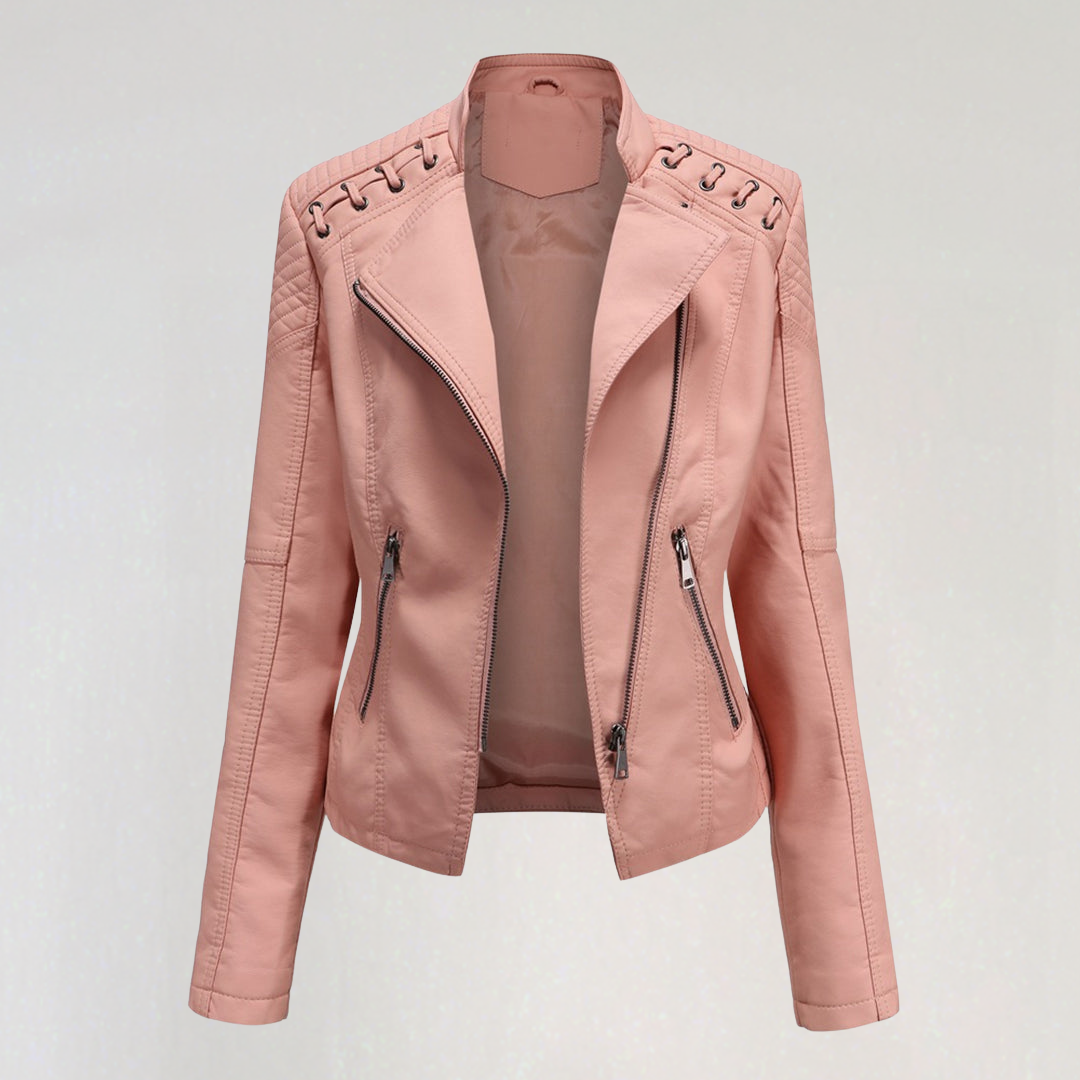 Stylish Faux Leather Biker Jacket with Zipper Pockets & Lacing Detail