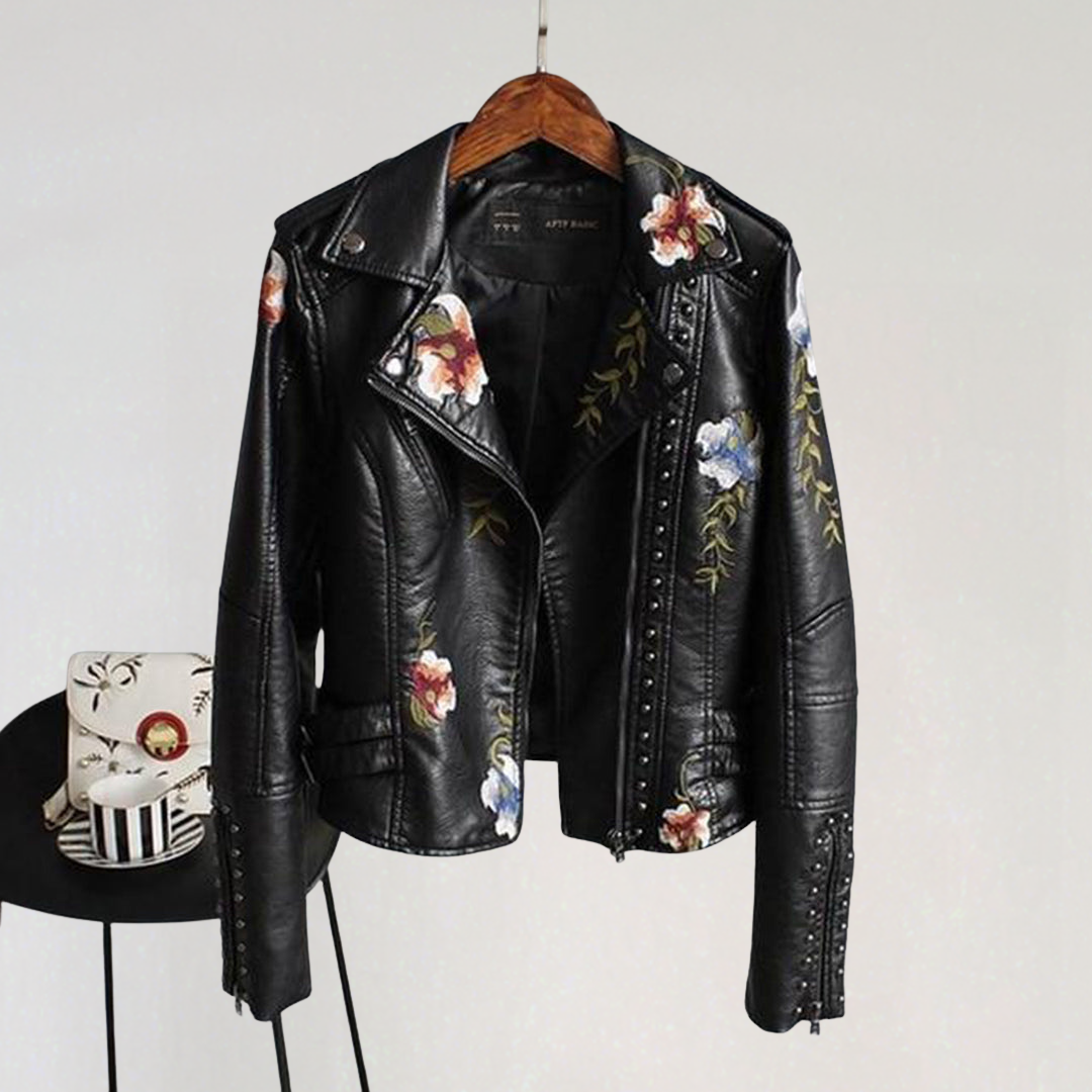 Women’s Floral Embroidered Faux Leather Biker Jacket