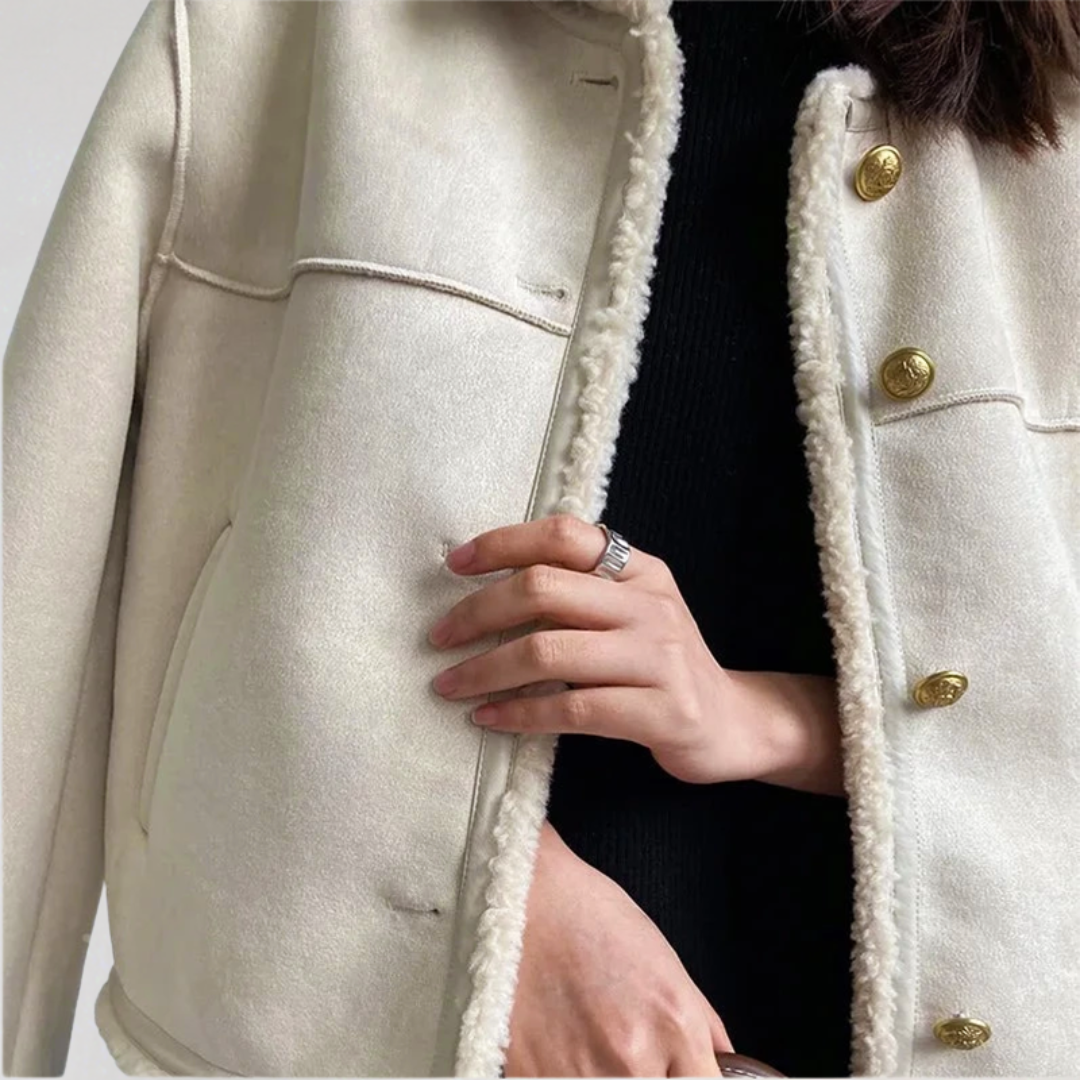 Women’s Faux Suede Shearling Jacket | Warm Winter Sherpa Coat with Button Closure