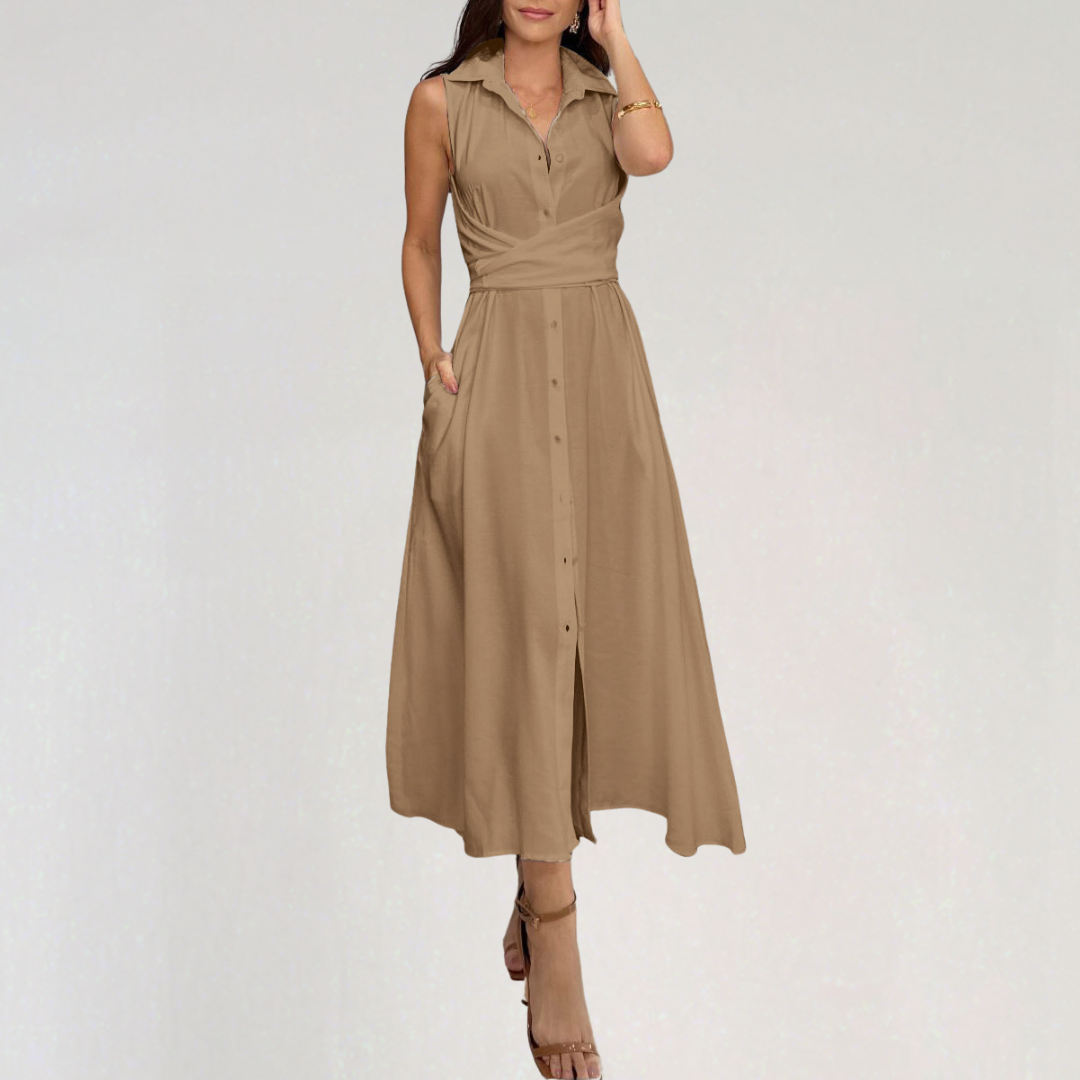 Sleeveless Button-Down Midi Dress with Waist Tie
