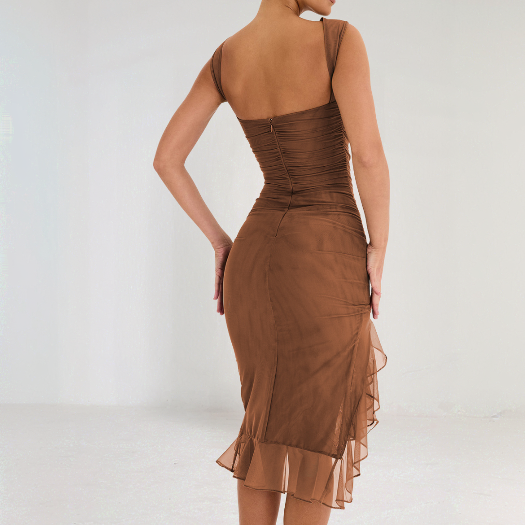 Elegant Ruched Ruffle Midi Dress