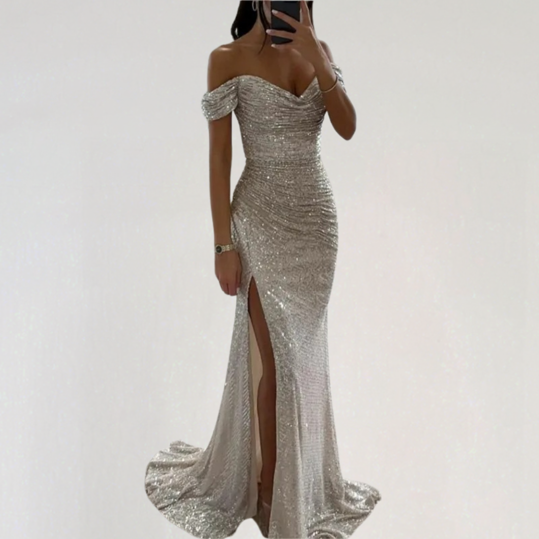 Off Shoulder Evening Sequin Maxi Dress