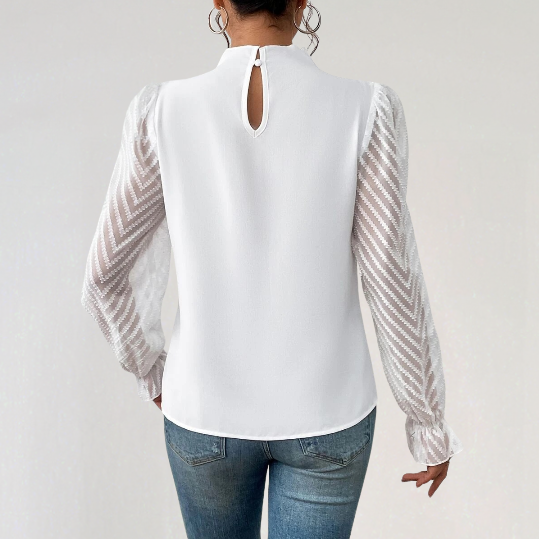 Chiffon Pleated Mock‑Neck Shirt with Chevron Sleeve