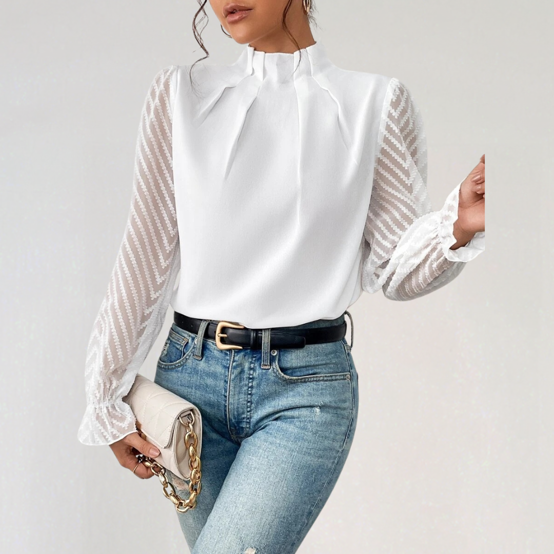 Chiffon Pleated Mock‑Neck Shirt with Chevron Sleeve