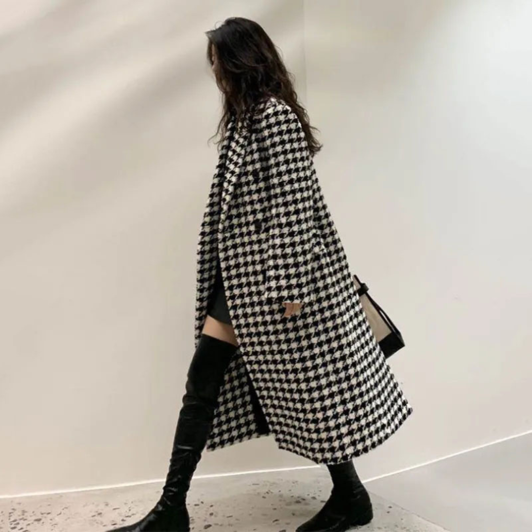 Elegant Houndstooth Long Coat for Women | Elegant Double-Breasted Winter Overcoat