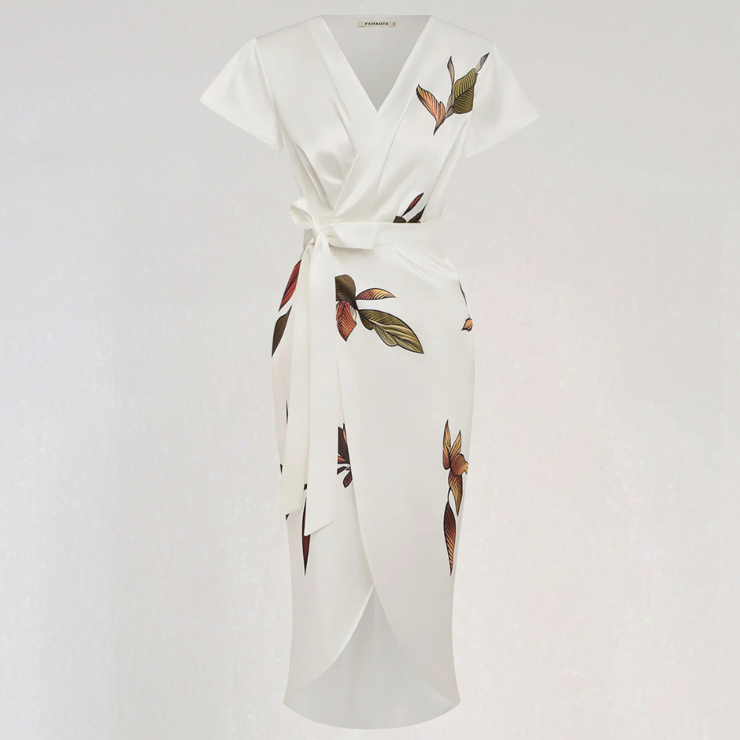 Elegant Satin Floral Wrap Midi Dress