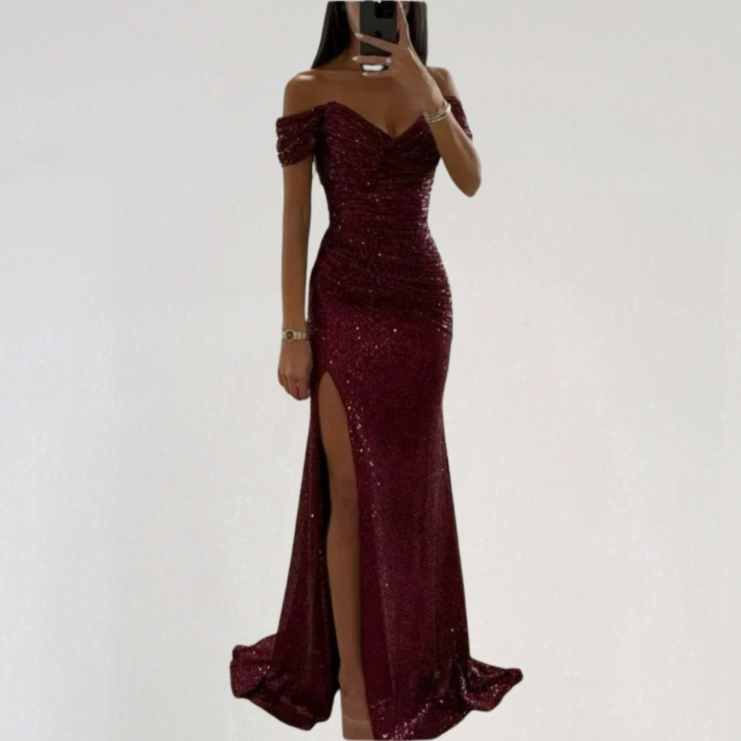 Off Shoulder Evening Sequin Maxi Dress