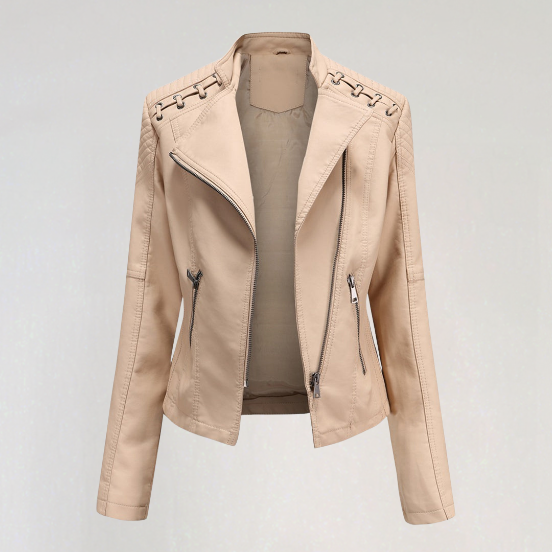 Stylish Faux Leather Biker Jacket with Zipper Pockets & Lacing Detail
