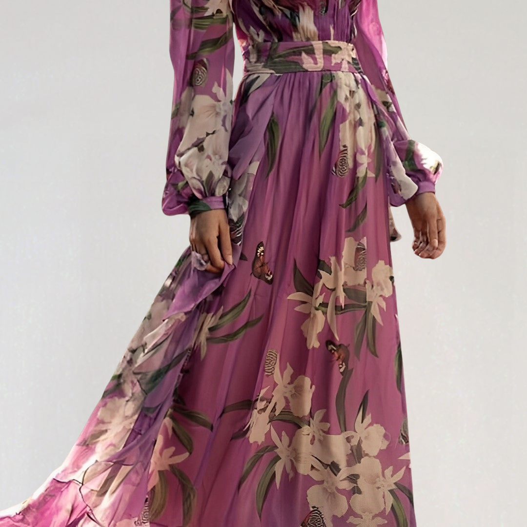 Elegant V-Neck Lightweight Chiffon Floral Maxi Dress