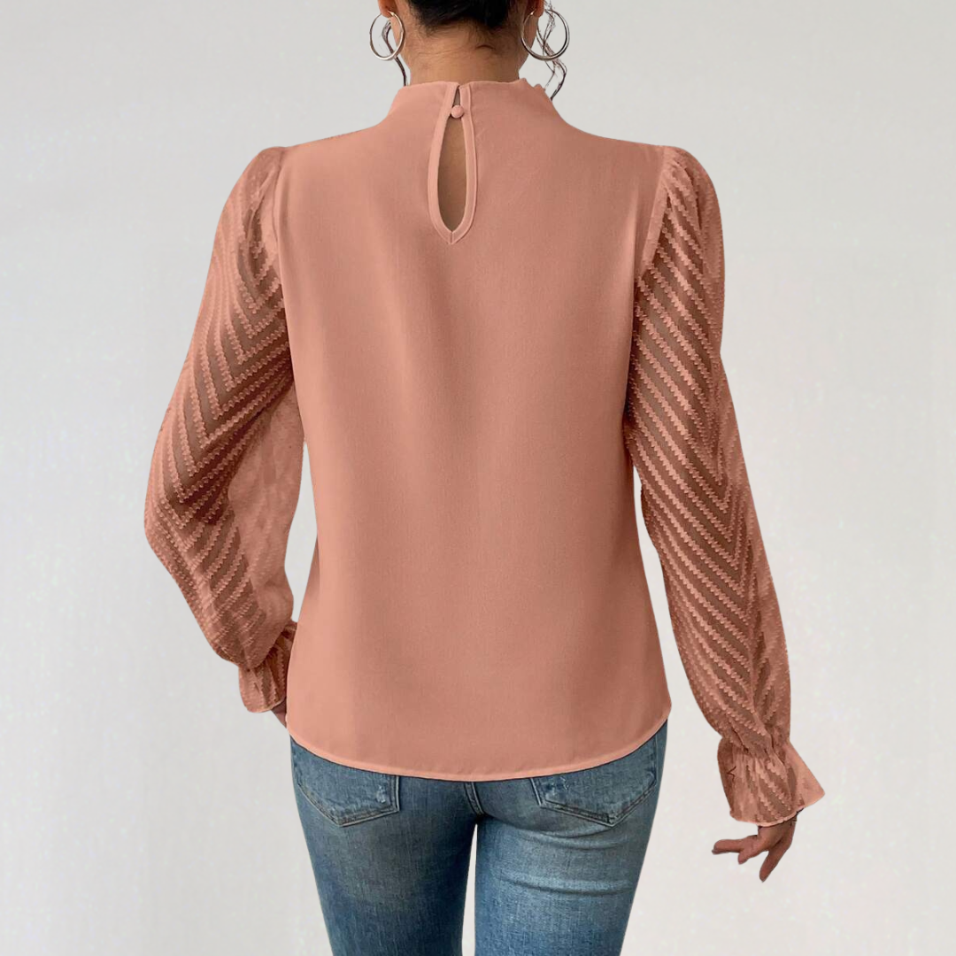 Chiffon Pleated Mock‑Neck Shirt with Chevron Sleeve