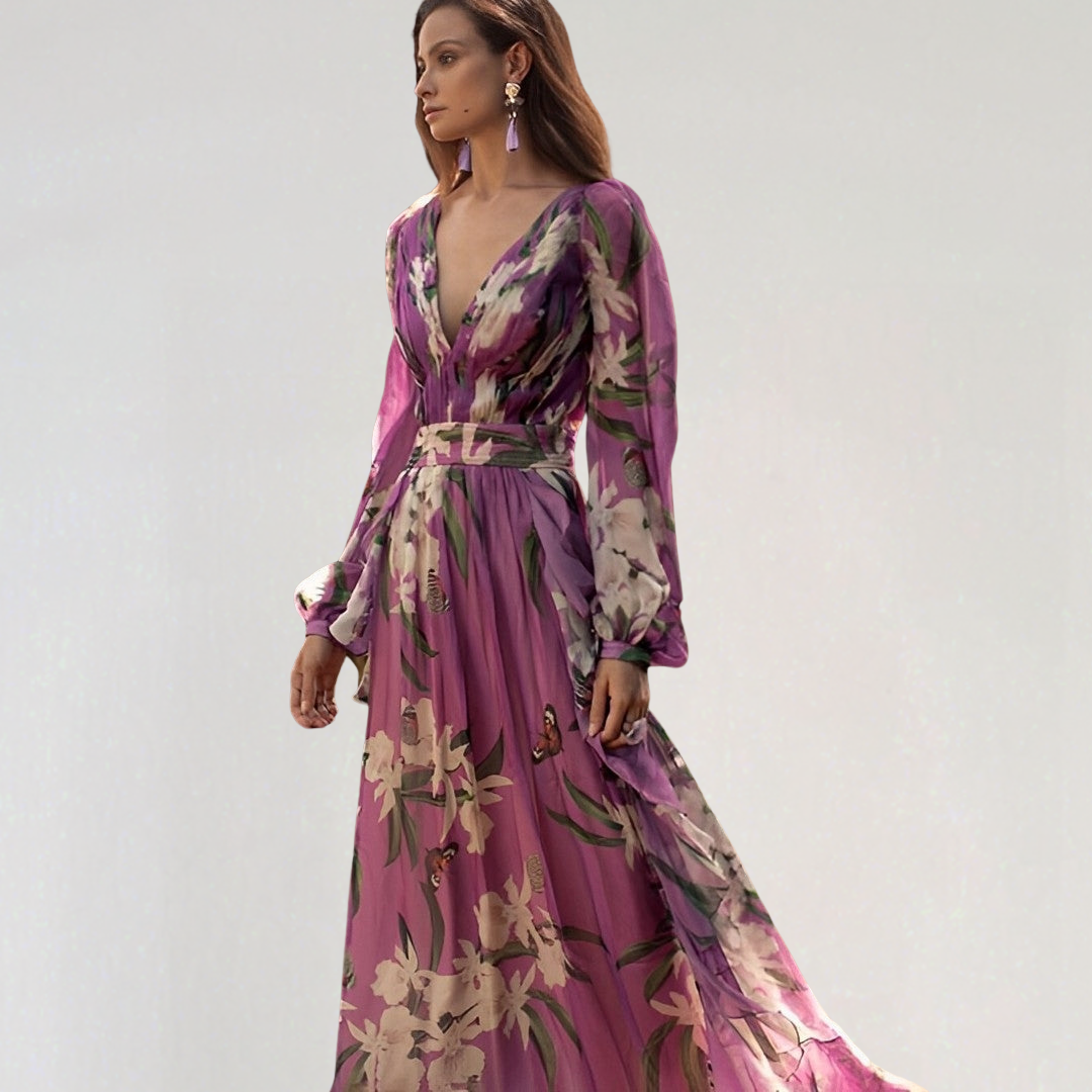 Elegant V-Neck Lightweight Chiffon Floral Maxi Dress