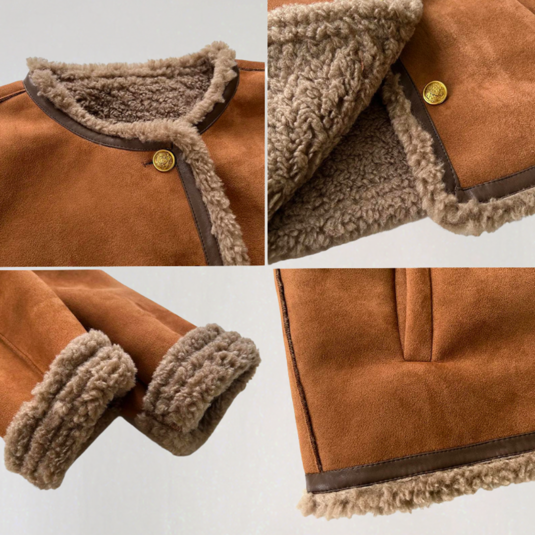 Women’s Faux Suede Shearling Jacket | Warm Winter Sherpa Coat with Button Closure