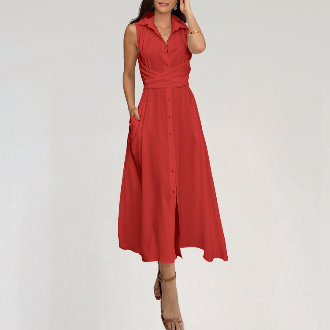 Sleeveless Button-Down Midi Dress with Waist Tie